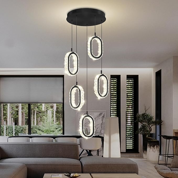 Black 5-Light Chandelier Pendant Light for Kitchen Island, Dimmable Oval Crystal Ring Chandelier for Dining Room, Hallway, Entryway, Passway, Bedroom, Balcony Living Room