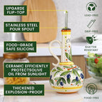 18 oz Ceramic Olive Oil Dispenser Bottle for Kitchen, Large Capacity Oli and Vinegar Cruet with Stainless Steel Spout, 540 ml Oil Container with Handle for Cooking Preventing, Vinegar Cruet