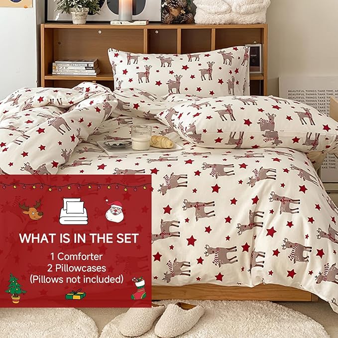 Christmas Comforter Set King Size, Christmas Bed Set with Reindeer Stars Red Bedding Set for Holiday, 3 Pieces 1 Super Soft Comforter and 2 Pillowcase