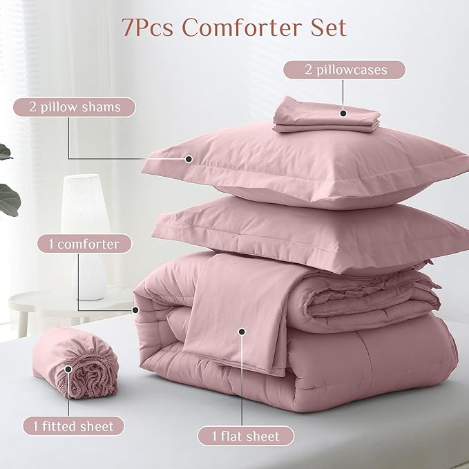 JOLLYVOGUE King Comforter Set, Ultra-Soft Bed in a Bag King Size 7 Pieces, Oeko-TEX Certified Bedding Set with Down Alternative Comforter, Sheets, Pillowcases & Shams, Camio Pink