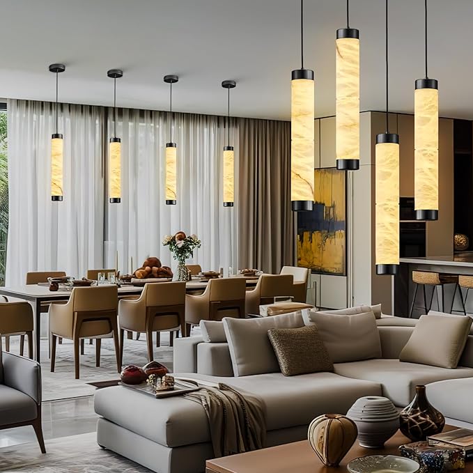 20" Alabaster Pendant Lights, Natural Marble Cylinder Black Pendant Light, Adjustable Modern Ceiling Light Fixtures for Kitchen Island, Dining Room, Bedroom, Living Room, Bathroom