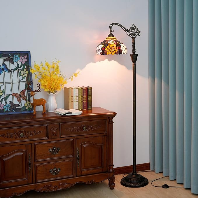 Tiffany Floor Lamp Vintage Standing Lamp Rose flowers Style Stained Glass Floor Light Rustic Corner Gooseneck Floor Lamp with Adjustable Angle for Home Decor Living Room Bedroom 12X12X63 Inches