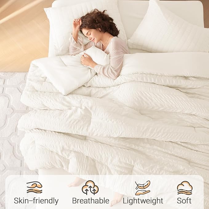 MUXHOMO 5 Pieces Twin Comforter Set, Seersucker Bed in a Bag Twin Size, All Season Luxury Bedding Set with Comforter, Flat Sheet, Fitted Sheet, Pillowcase & Sham, Ivory