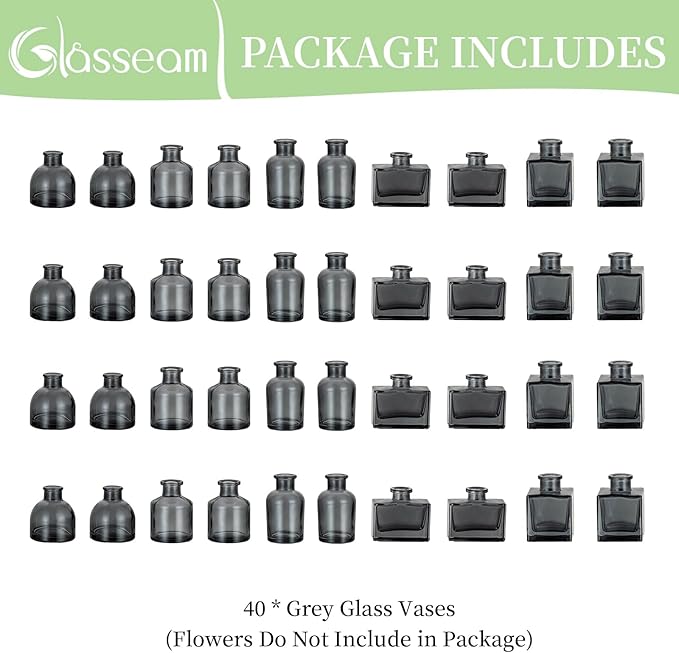 Glasseam Bud Vases in Bulk 40: Gray Glass Vases for Centerpieces Cute Small Vases for Flowers Mini Decorative Tiny Centerpiece Table Decor for Wedding Party Dining Room Decoration