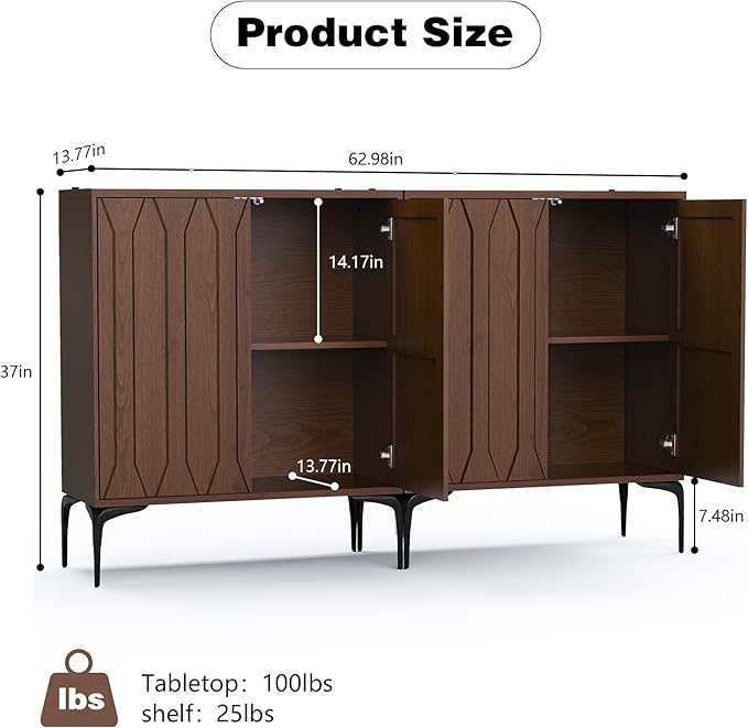 3More 2 Door Accent Cabinet Set of 2,Sideboard Buffet Storage Cabinet with Iron Legs and Adjustable Shelf,3D Lattice Design Suitable for Living Room, Entrance, Dining Room,Walnut