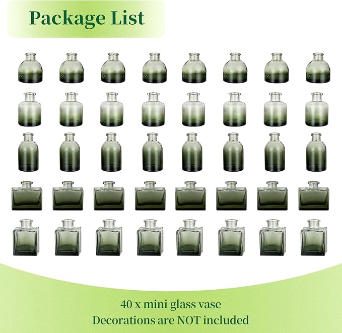 Hewory Small Glass Bud Vases for Centerpieces 40pcs Green Sturdy Cute Flower Vases Bulk, Mini Bottle Vase for Wedding Home Decor Birthday Party Events Mother's Day Bridal Shower Gifts Table Decor