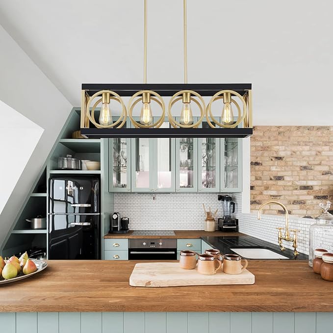 XINGQI Modern Rectangle Chandelier, Farmhouse Kitchen Island Lighting Rustic Industrial Hanging Light Fixture 4-Light Metal Linear Pendant for Dining Room Living Room Hallway, Black and Gold