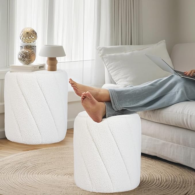 Modern Round Ottoman 2Pcs, Spiral-Tufted Foot Stool Ottoman, Teddy Fleece Upholstered Vanity Stool for Makeup, Bedroom, Living Room, White