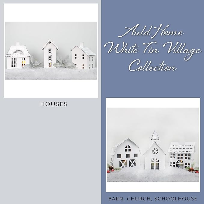 AuldHome Design Farmhouse Decor Tin Houses (Set of 3, White); Candle Lantern Decorative Holiday Christmas Village Display or Votive Holder