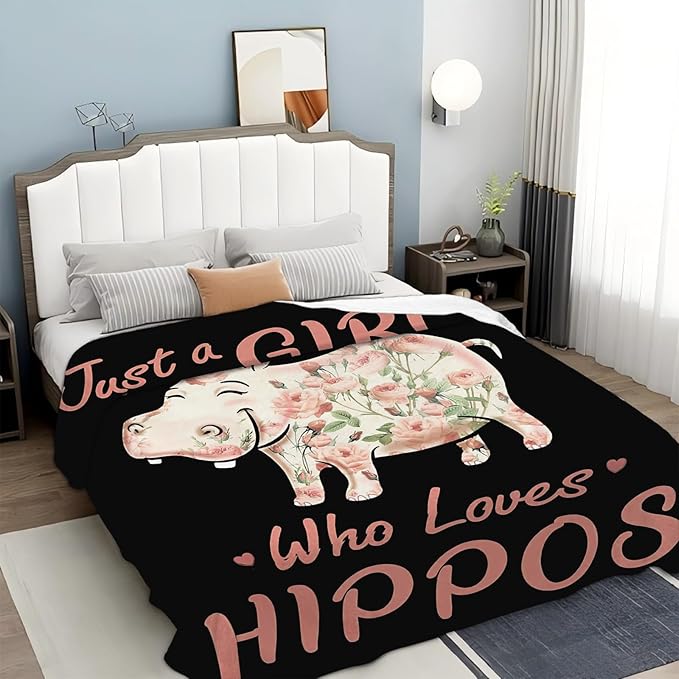 Hippo Blanket for Girls Women Just A Girl Who Loves Hippos Gifts Throw Blanket Lightweight Fuzzy Cozy Plush Flannel Fleece Blankets for Bed Decor 60"x80"