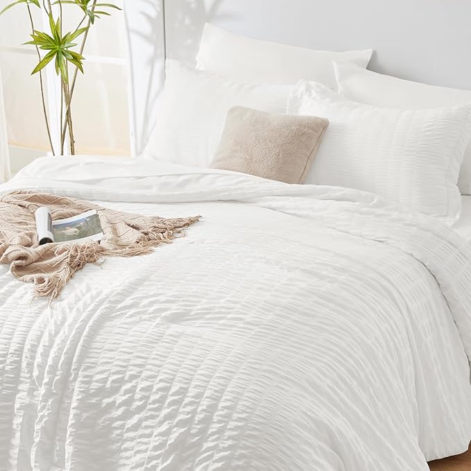 CozyLux Full Size Comforter Sets with Sheets 7 Pieces, White Seersucker Bed in a Bag Textured Luxury Soft Bedding Set with Down Alternative Comforter, Sheets, Pillowcases & Shams for All Seasons