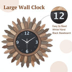 Honiway 16 Inch Wall Clocks, Rustic Wood Boho Sunburst Decorative Wall Clock Battery Operated Silent Non Ticking Farmhouse Large Wall Clocks for Living Room Kitchen Bedroom Home Decor (Tricolor)