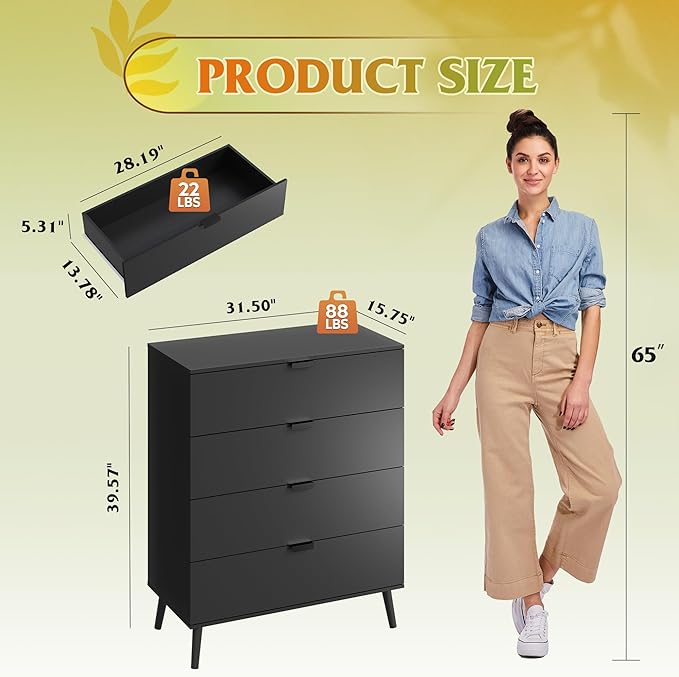 WLIVE 4 Drawer Dresser for Bedroom, Black Tall Dresser, Modern Wood Dressers with Sturdy Metal Handle, Small Chest of Drawers for Living Room, Hallway