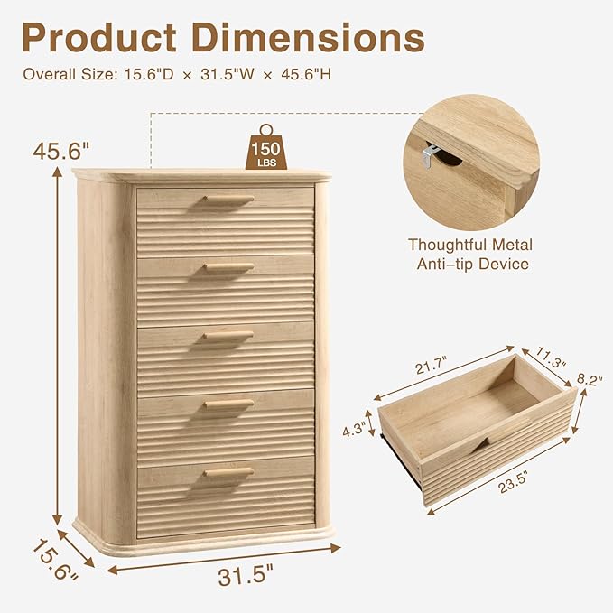 Okvnbjk 5 Drawers Dresser for Bedroom, 45" Tall Dresser with Curved Profile Design, Wood Fluted Chest of Drawer, Modern Drawer Storage Organizer for Bedroom, Living Room, Entryway