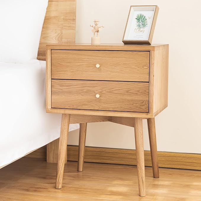 Night Stand, Midcentury Modern Solid Wood Nightstand with Drawer, Durable Sturdy Tall Bedside Tables with High Stool Leg, 17.72 W x 13.78 D x 23.63 H Inches (Natural)