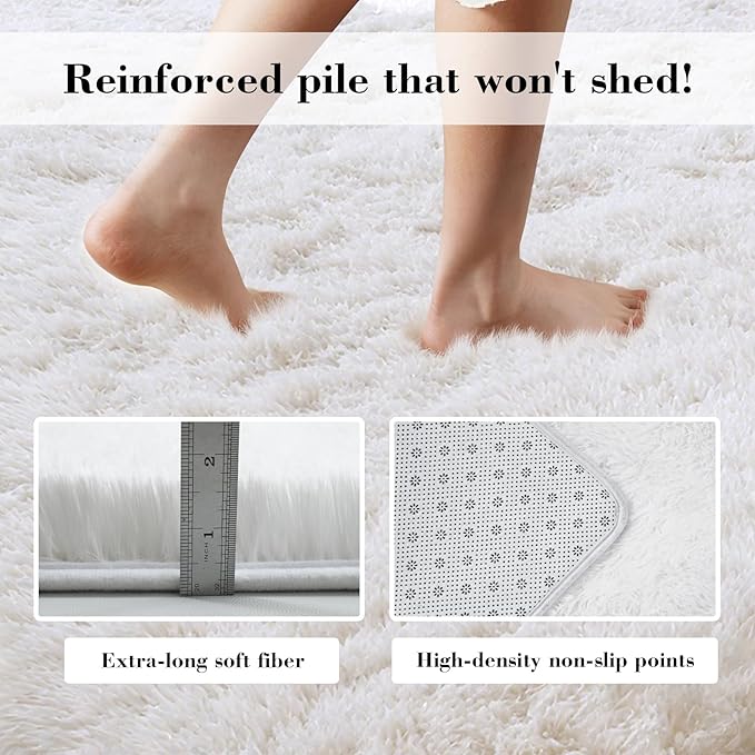 Soft Runner Rugs for Bedroom, White 2x6 Area Rugs Fluffy Rug Shaggy Area Rug Carpet, Bedside Rug for Living Room Bedroom Kids Room Home Decor