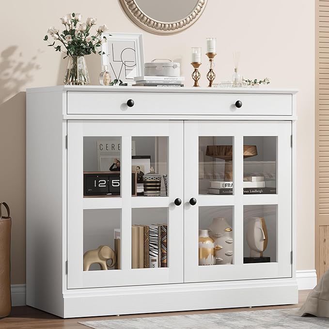 GarveeHome 35.4 in Sideboard Buffet Cabinets with Glass Door, Buffet Cabinet with Storage, White Sideboard Cabinet with Drawer, Modern Buffets & Sideboards for Dining Room, Kitchen