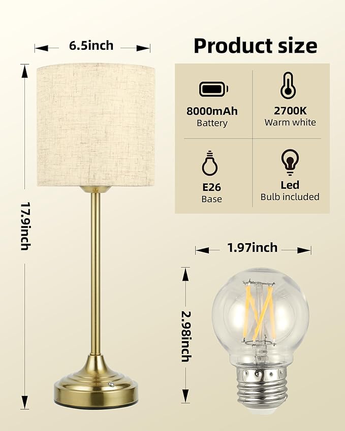 Rechargeable Table Lamp, 2-Pack, 8000mAh, Dimmable, 2700K, Touch Control, Portable, LED, Wireless, Cordless, Battery Operated, Desk Lamp, Kitchen Lamp, Fabric Shade, for Dining Room, Living Room