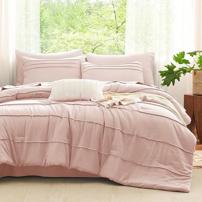 CozyLux Queen Comforter Set Blush Pink, 7 Pieces Soft Pinch Pleat Bed in a Bag Queen Comforter Set with Sheets, Boho Bed Set with Down Alternative Comforter, Sheets, Pillowcases & Shams