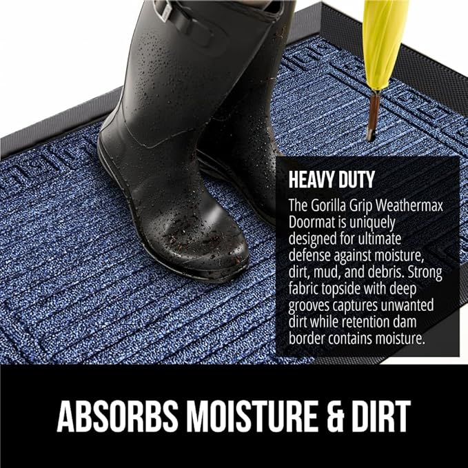 GORILLA GRIP 100% Waterproof All-Season WeatherMax Doormat, US Designed Natural Rubber, Stain and Fade Resistant, Low Profile Indoor Outdoor Door Mats, Easy Clean Patio Mat, 17x29, Navy Greek Keys