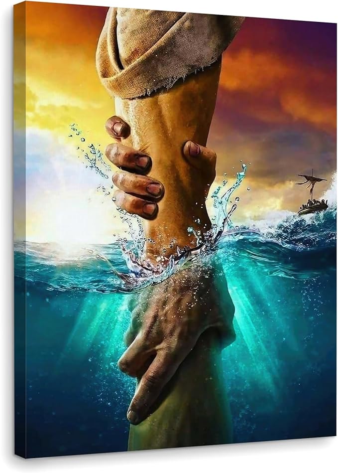 Framed Jesus Christ Canvas Wall Art The Hand of God Jesus Reaching Into Water Christian Painting Prints Biblical Wall Decor Religious Room Decor for Church Prayer Room Schools Hospitals 12" x 16"
