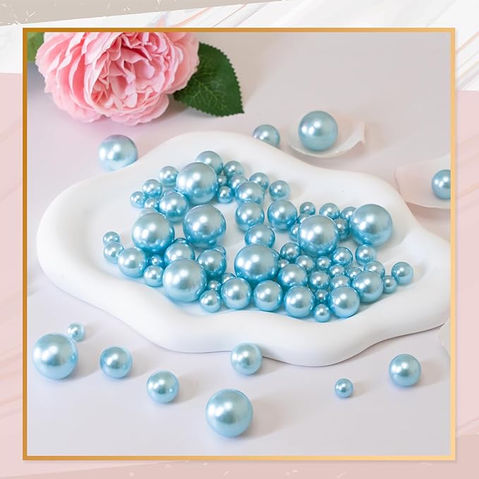 300Pcs Vase Filler Lightblue No Hole Faux Pearl Beads for Vase Filling Decorations, Candle Centerpieces, Wedding Centerpieces, Home Party Decor (8/14/20mm)