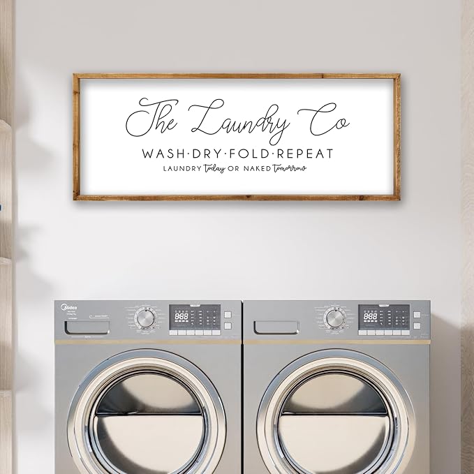 ZZJJHYWGQ Laundry Room Wall Decor 32"×12" Wash Dry Fold Repeat Funny Laundry Sign Rustic Farmhouse Decor Large Wooden Frame Humorous Quote Wall Hanging Art (Wood)