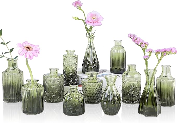 Green Glass Bud Vases Set of 12, Mini Flower Vase for Centerpieces, Small Glass Vases in Bulk for Wedding Decorations, Vintage Vase for Bridal Shower, Party, Recepetion, Home Table Décor