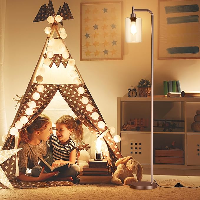 Floor Lamps for Living Room - Industrial Standing Lamp with Glass Shade, Modern Floor Lamp with LED Bulbs, Farmhouse Floor Lamp for Bedroom, Tall Lamp for Office - Brown