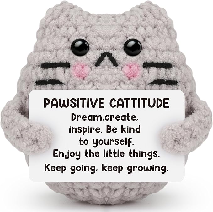 Crochet Cat Easter Basket Stuffers Positive Cat Crochet for Friend for Mom Grandma Dad Grandpa Daughter Son Gifts, Emotional Coworker Sister Brother Support Small Birthday Gifts