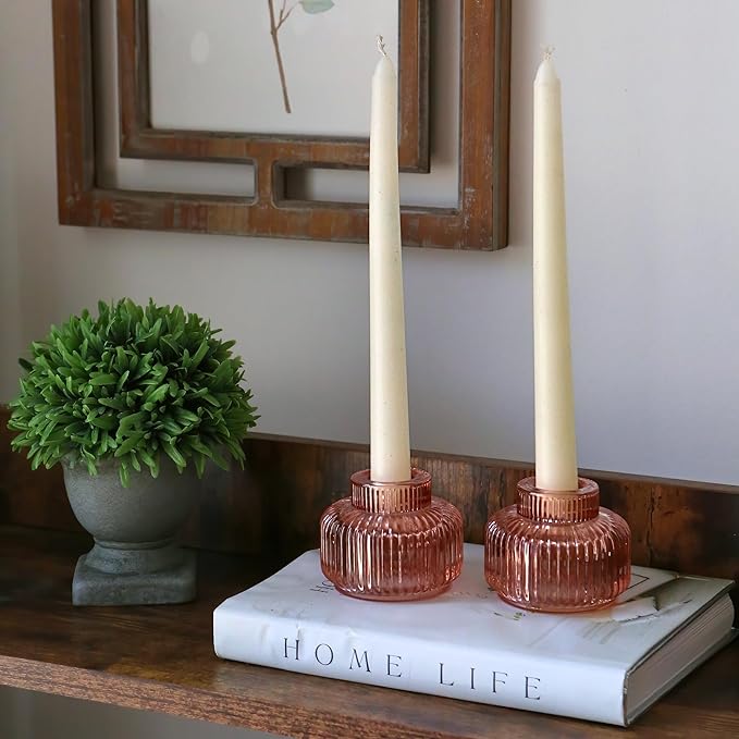 Kate Aspen Rose Gold Taper Candle Holders for Candlesticks Set of 4, Ribbed Glass Candlestick Holders, Votive Candle Holder Decor Accents, Pink Room Styling, Wedding & Home Centerpieces, Table Decor
