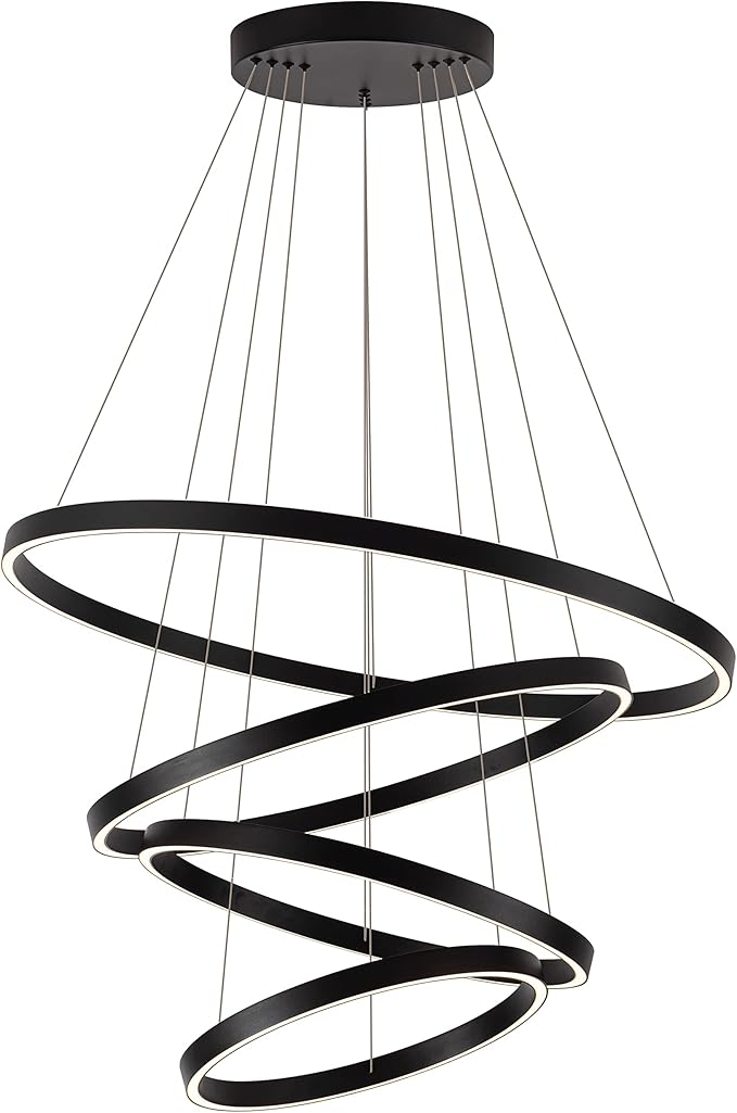 Large Modern Chandelier, 15.7"-31.4" Ring Chandelier LED Black Chandelier, 3000K High Ceiling Chandelier with 4 Ring, Large Chandeliers for High Ceiling Foyer Office