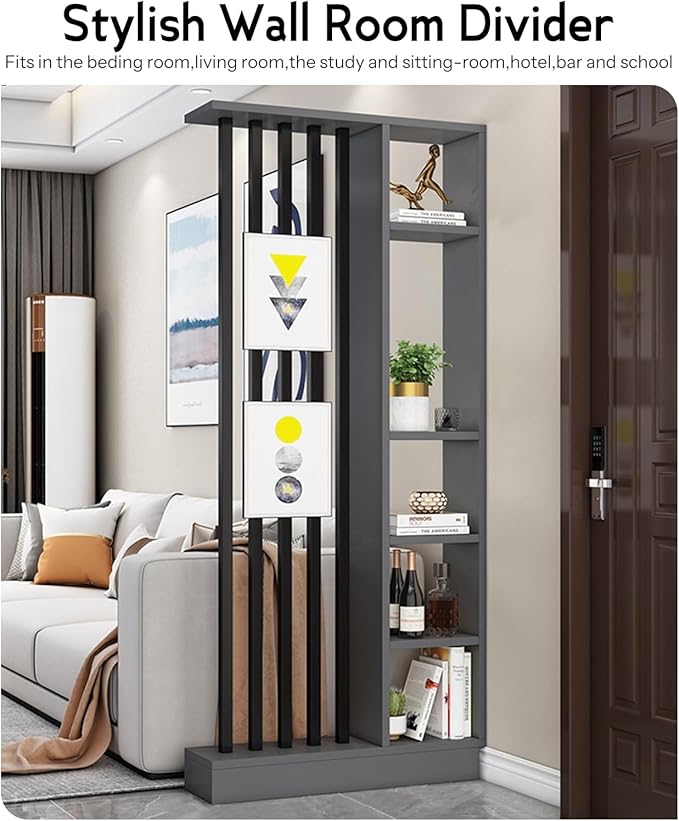 Wall Room Divider, Storage Cabinet Storage Display with Shelves, Modern Freestanding Wood Room Divider Screen, Wall Privacy Screens for Home Decorative (Grey,35.4" L x 9.5" W x 79.5" H)