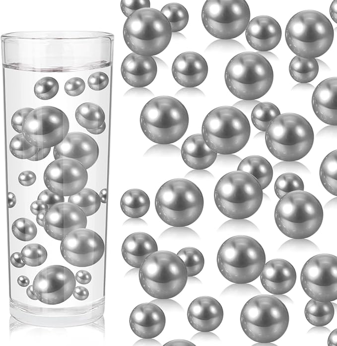 100PCS Silver Grey Faux Pearls Beads for Centerpiece Vases, Vase Filler Faux Pearls, No Holes Filler Beads for Party Anniversary Birthday Wedding Table Decor, 14/20/30mm
