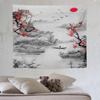 Cherry Blossoms Tapestry,Japanese Red Landscape Watercolor Abstract Art Tapestry,Asian Japanese Wall Tapestry, Nature Landscape Tapestries for Bedroom Living Room Decor 60"x50"