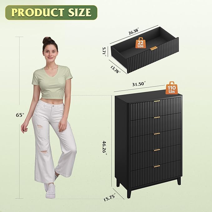 WLIVE Fluted Dresser for Bedroom with 5 Drawers, 46.26" Tall Wood Dresser with Golden Metal Handles, Mid Century Modern Chest of Drawers for Living Room, Hallway, Closet, Solid Black