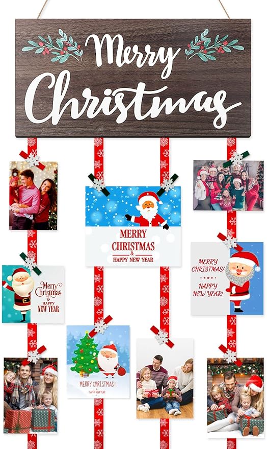 AKEROCK Christmas Card Holder Display, Christmas Wall Decor - Wooden Hanging Christmas Picture Frame with 30 Clips for Xmas Holiday Wall Door Window Home Décor