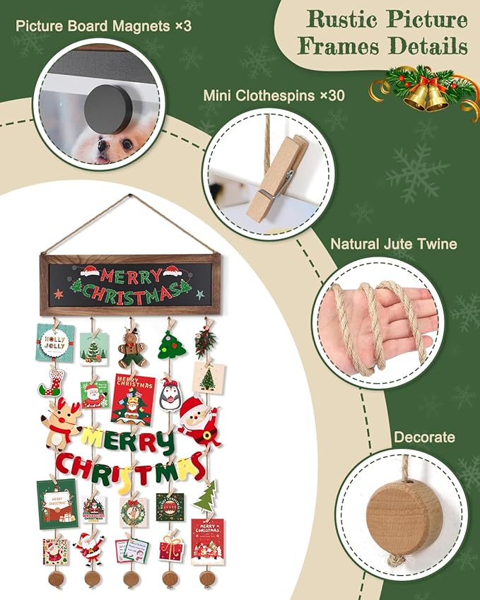 Bikoney Picture Frames Collage Photo Hanging Display Picture Board Wood Rustic Frames for Wall Decor and Dorm Room Decor with Blackboard and 30 Clips Carbonized Black