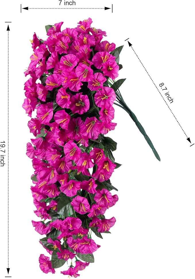 Artificial Faux Flowers Plants for Outdoor Outside Spring Summer Decoration, 2 PCS Fake Silk Fuchsia UV Resistant Realistic Morning Glory Long Trailing Vines for Hanging Planter Porch Patio Decor