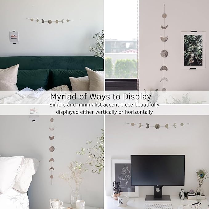 BASE ROOTS Moon Phase, Silver Wall Decor for Bedroom & Living Room, Bohemian Wall Decor, Handmade Hammered Metal 34" 7 Phases Moon, Celestial Wall Art, Gift for Women & Kids