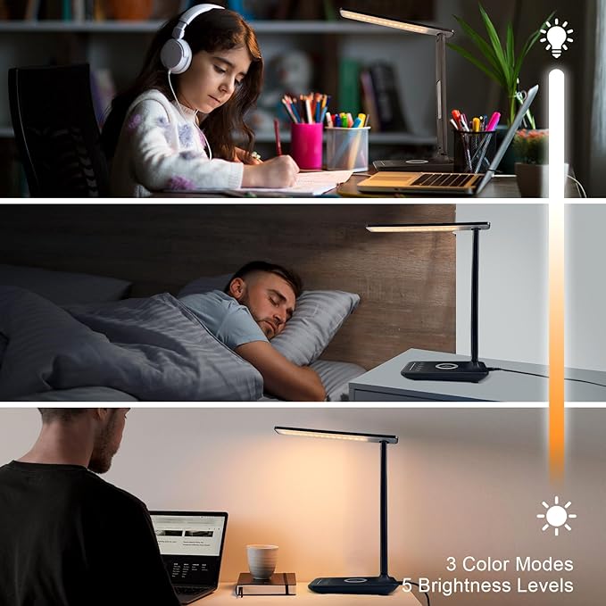 Desk Lamp with Wireless Charger，USB Charging Port, Dimmable Office Desk Light with Clock, Alarm, Date, Temperature, Foldable Lamp for Table Bedroom Bedside Office (Black Pro, Standard Size-13.3 inch)
