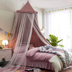 VETHIN Bed Canopy for with Lights,Double Layer Princess Round Dome Dreamy Mosquito Net Bedding Girls Room Castle Play Tent Hanging House Decor Reading Nook Canopies(Jujube Red/White)