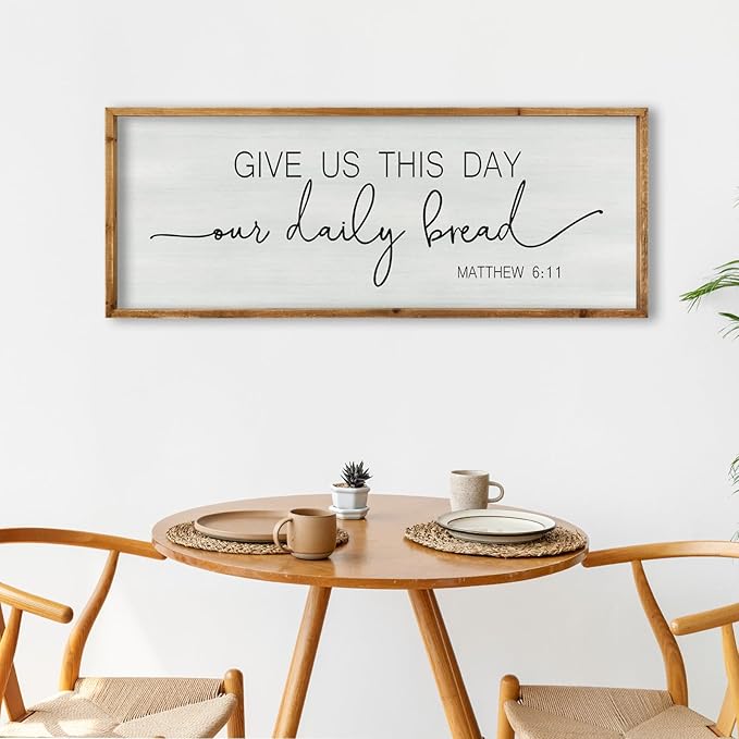 ZZJJHYWGQ Dining Room Wall Decor Give Us This Day Our Daily Bread Sign Bible Verse Christian Quotes 32"×12" Matthew 6:11 for Kitchen Large Farmhouse Rustic Horizontal Wall Hanging Art (Wood)