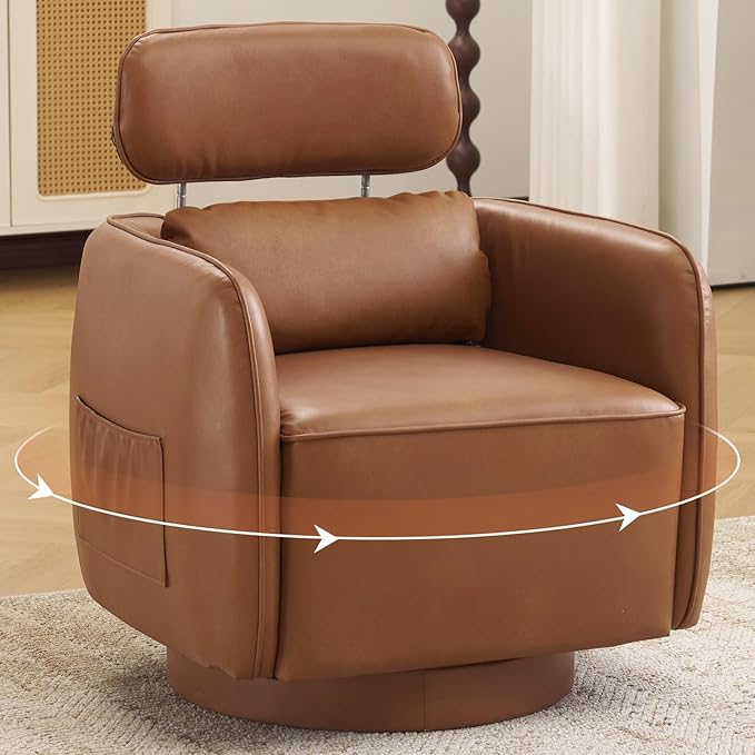 Modern 360°Swivel Accent Chair Set of 2 with Adjustable Headrest, Round Swivel Barrel Chairs with Lumbar Pillow, Vanity Chair for Makeup, Comfy Living Room Armchair for Living Room, Bedroom, Camel