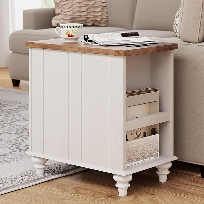 WAMPAT End Table with Charging Station, White Side Table with Storage Cabinet and Drawer, Wood Nightstand with Power Outlets & USB Ports for Bedroom, Living Room