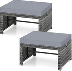 Tangkula 2 Pieces Patio PE Rattan Ottomans, Multipurpose Outdoor Footstool Footrest Additional Seating Side Table with Soft Zippered Cushions for Deck, Garden, and Yard (Gray)