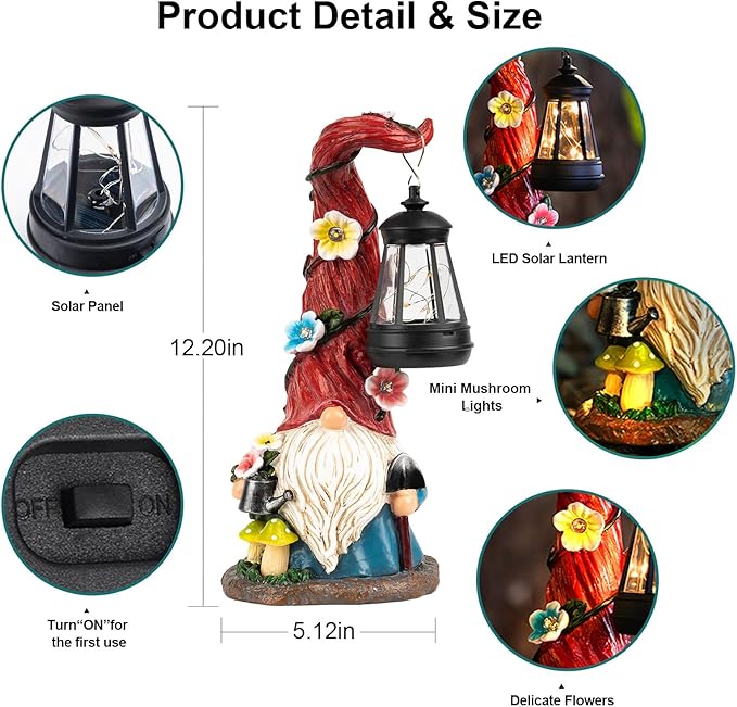 Solar Gnome Garden Statue Lights Gnome Figurine with Solar Lantern, Outdoor Garden Waterproof Ornaments Decorations for Yard Lawn Patio – Ideal Gift for Women Mom Grandma