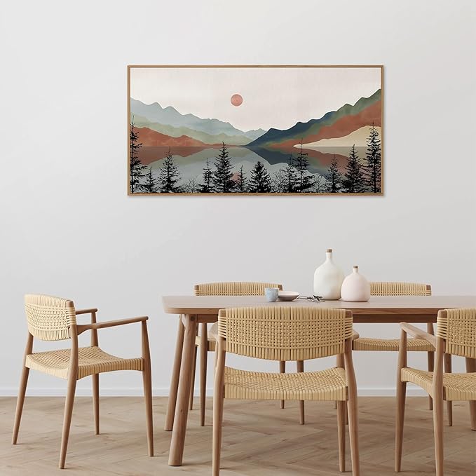 Tinonedraw Boho Mountain Framed Canvas Wall Art Set, Watercolor Nature Landscape Wall Decor, Neutral Modern Sunrise Artwork, Black Pine Trees Forest Art Prints for Living Room Bedroom Office 20"x40"