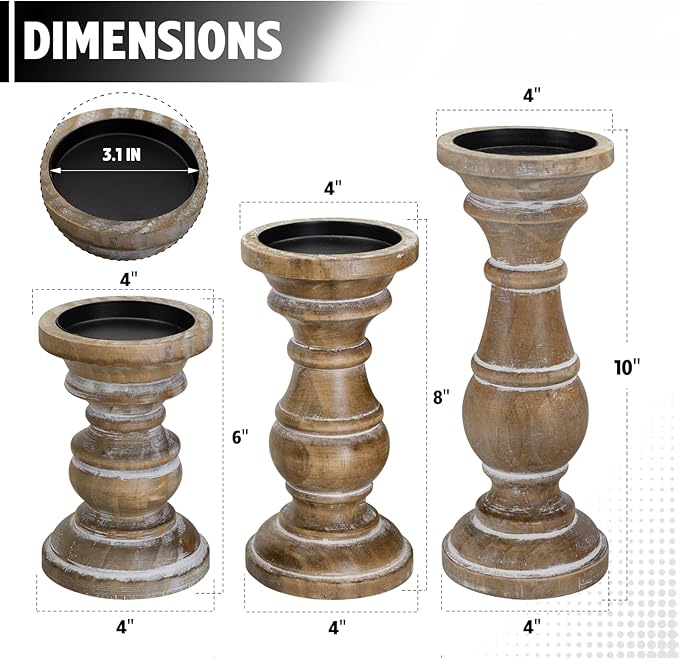 Candle Holder for Pillar Candle Set of 3, Farmhouse Wood Candle Holder, Rustic Wooden Candle Stand, Vintage Small Wooden Candlestick HoldersDecorative for Living Room, Table Centerpiece (Rusticbrown)