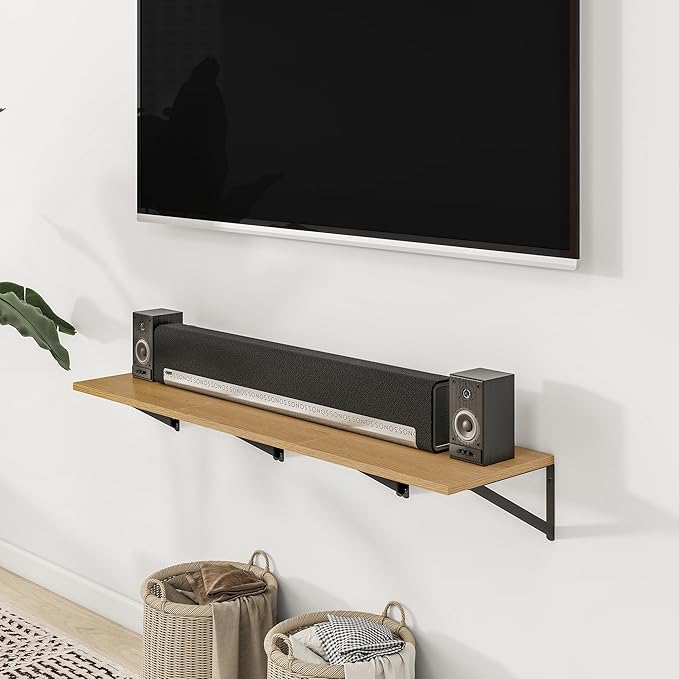 Heimlove 24" W x 12" D Wall Shelves for Books, 12 Inch Deep Floating Shelves Set of 3, Wide Floating Bookshelf with Metal Bracket for Living Room, Kitchen, Office, Bedroom and Decor Storage - Oak